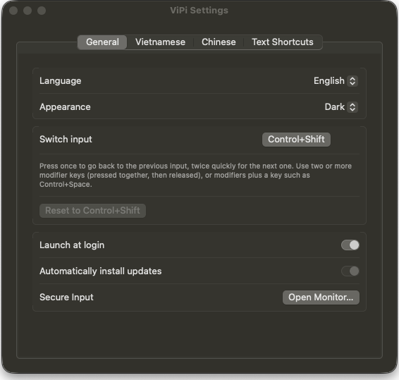 ViPi General settings: language, appearance and switching shortcut